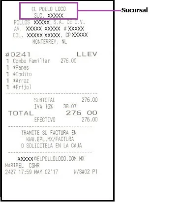 Ticket de ejemplo publicado por el portal de El Pollo Loco