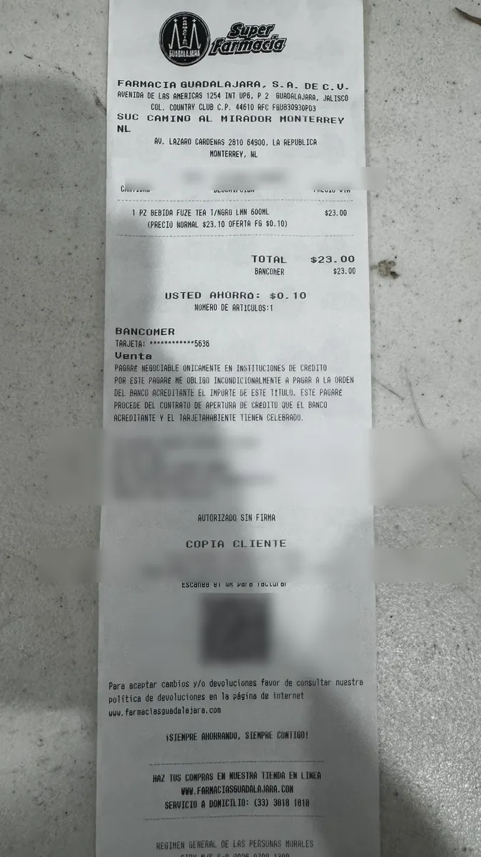Ticket de ejemplo publicado por el portal de Farmacias Guadalajara