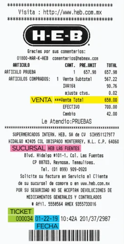 Ticket de ejemplo publicado por el portal de HEB