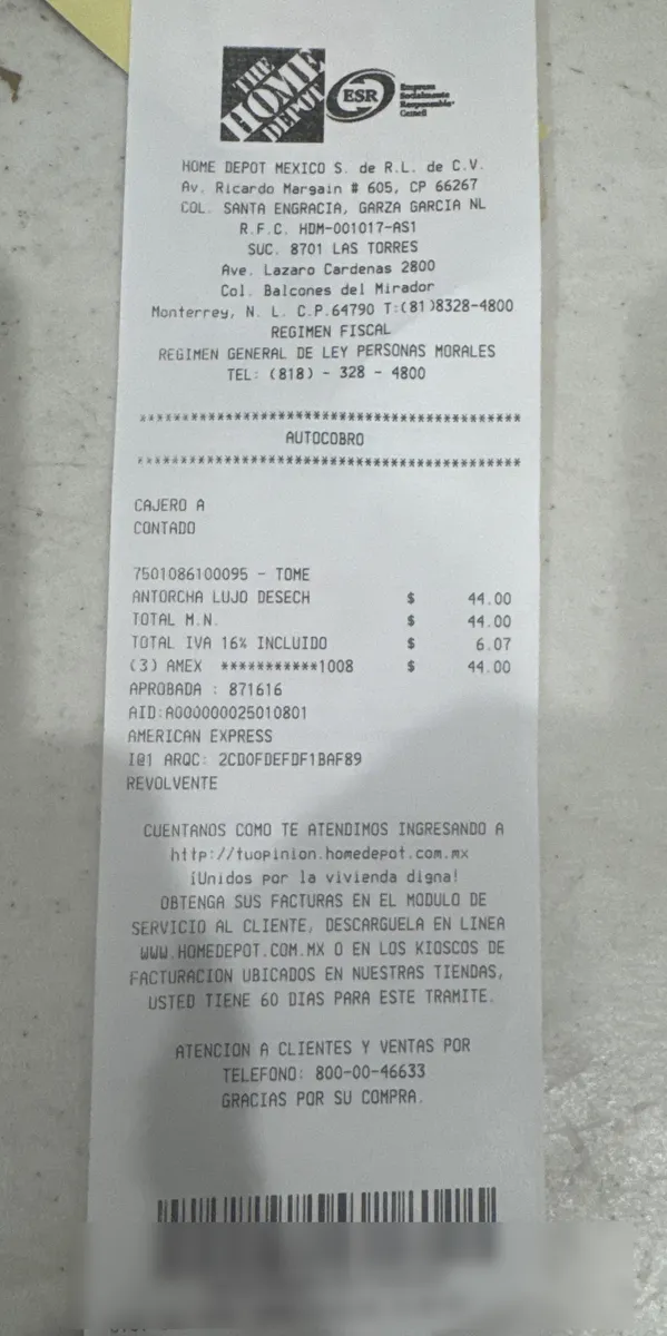 Ticket de ejemplo publicado por el portal de Home Depot