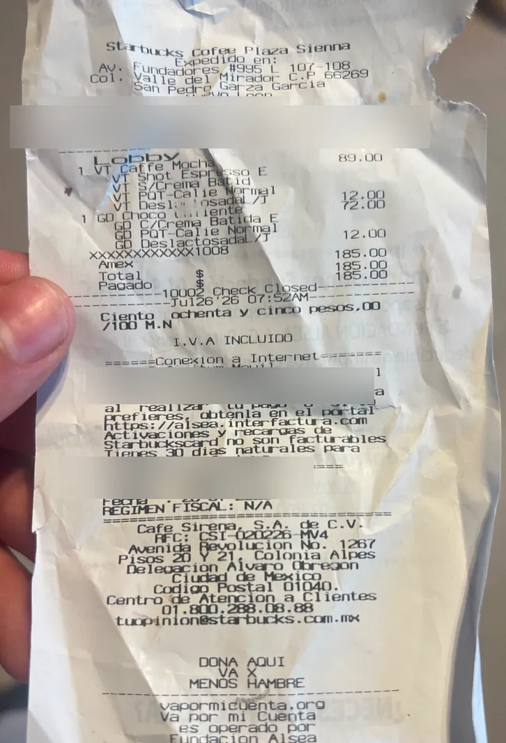 Ticket de ejemplo publicado por el portal de Starbucks y marcas Alsea