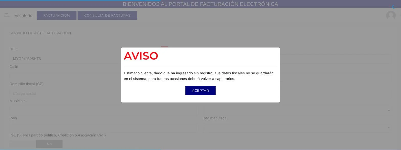 Portal de facturación — captura real