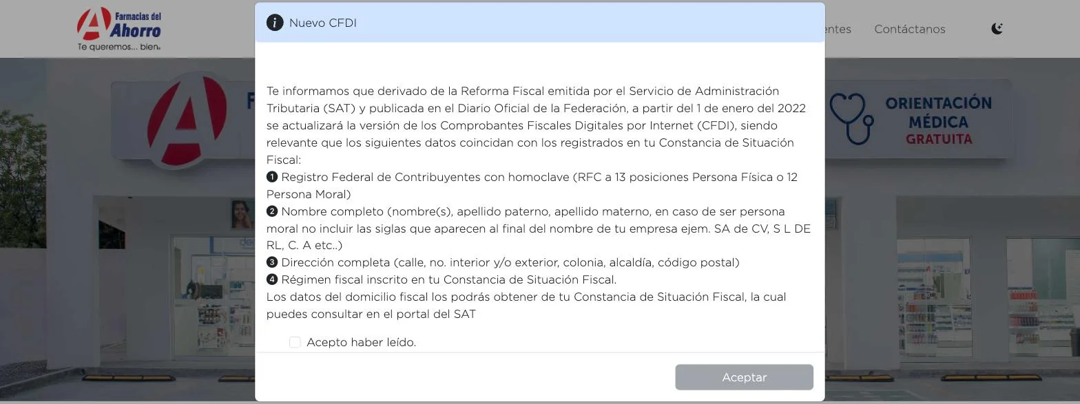 Portal de facturación — captura real