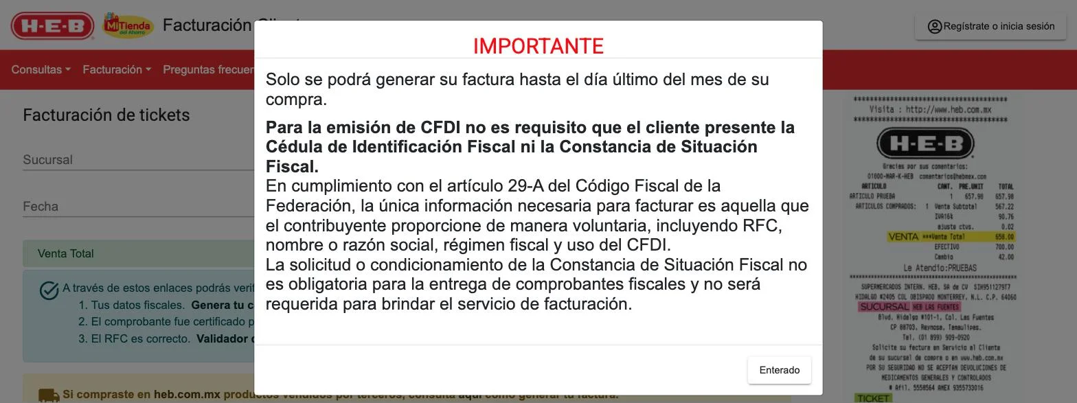 Portal de facturación — captura real